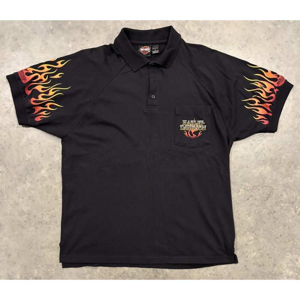 Harley Davidson Flames Polo Shirt Mens L Des Moines Motorcycles Made In USA
